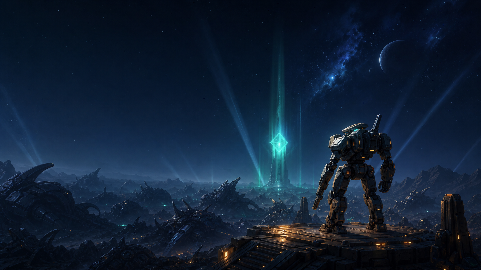 A mech standing before a glowing beacon under a star-filled sky