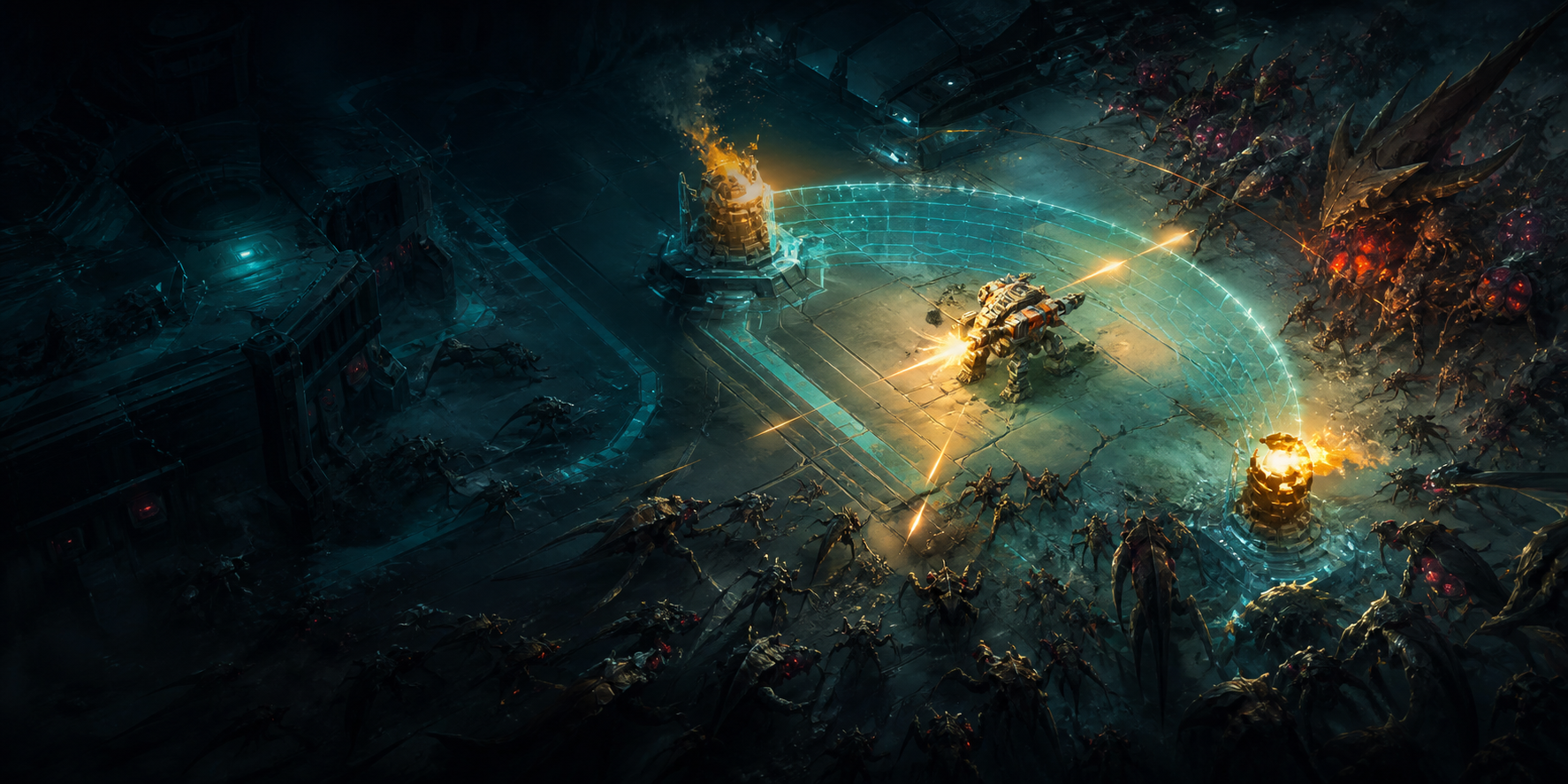 A mech chooses between weapon power and defensive control in a top-down arena