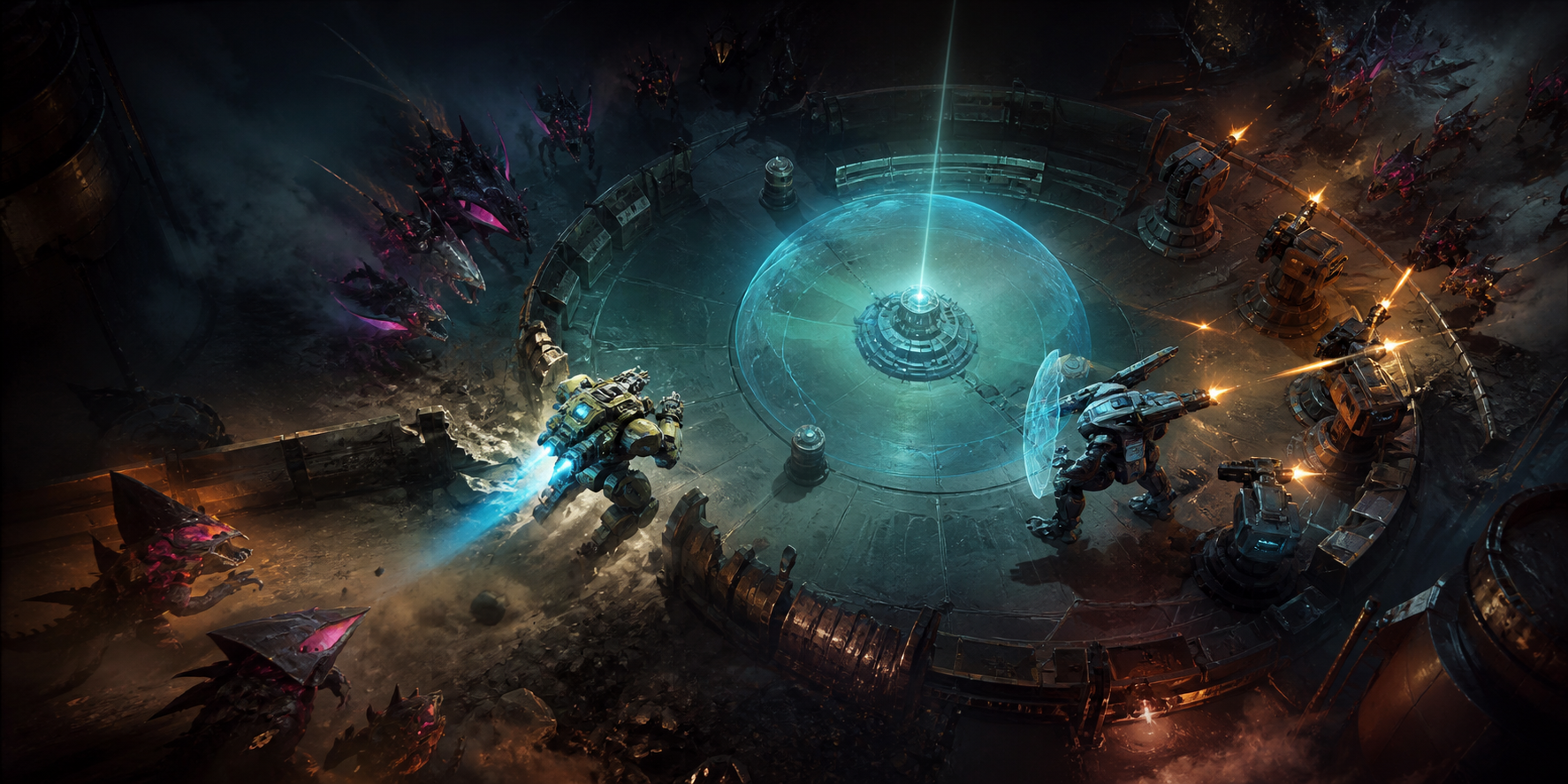 A cinematic sci-fi mech and bright combat effects over a dense alien horde