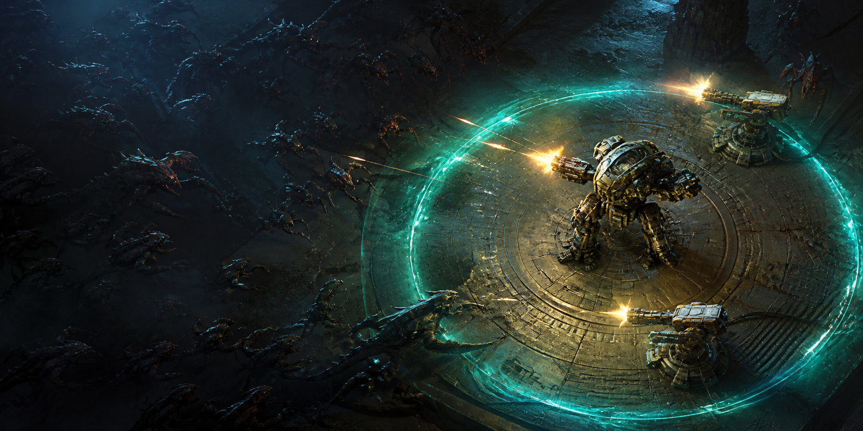 Iron Core mech and defensive turrets holding a glowing perimeter against alien waves