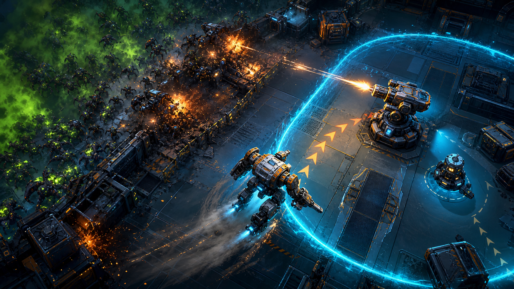 A mech navigates a dense field of projectiles and enemies near a shifting safe zone