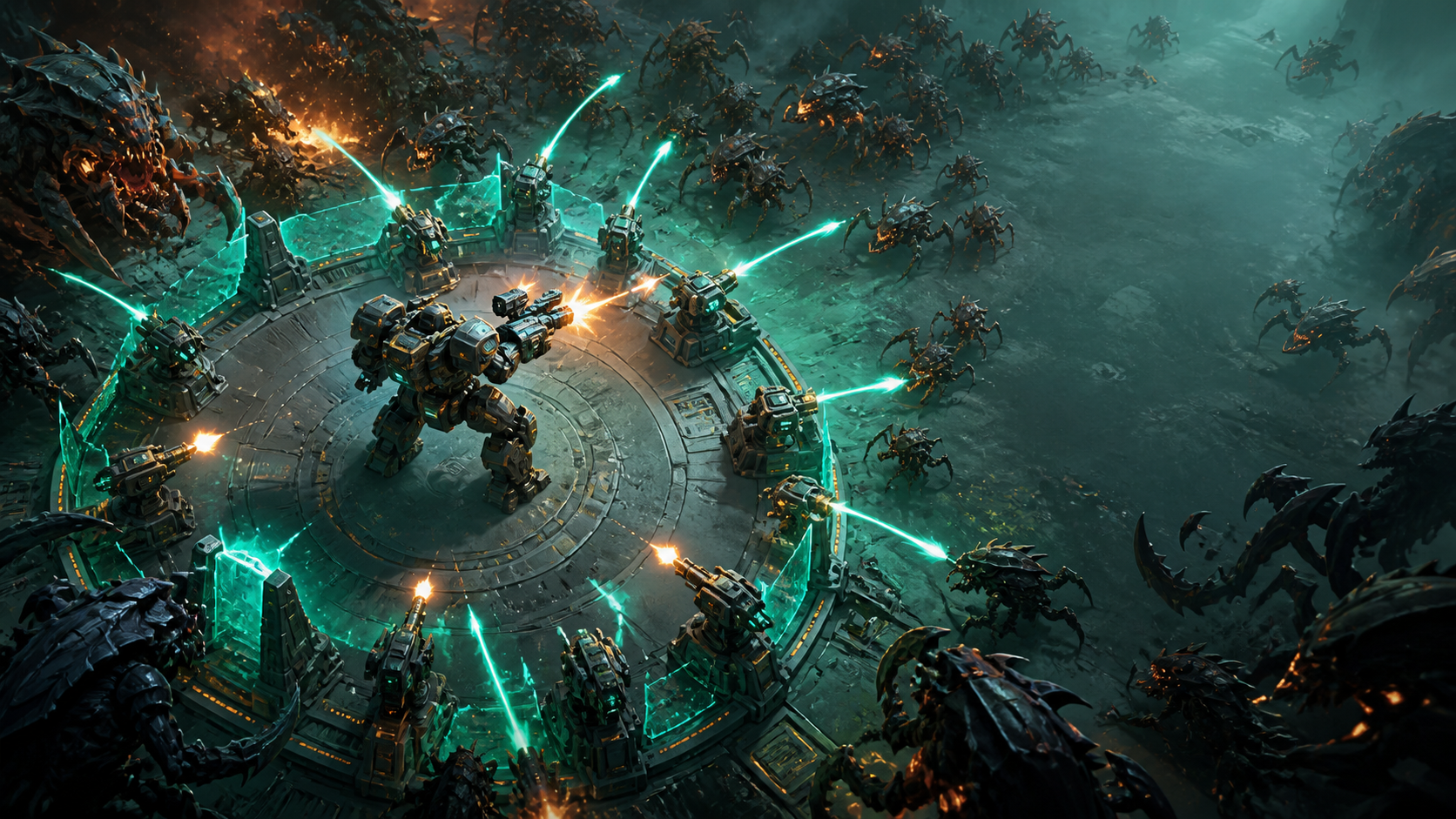 A mech build battles a dense wave in a bright arena, echoing the intensity of a space shooter