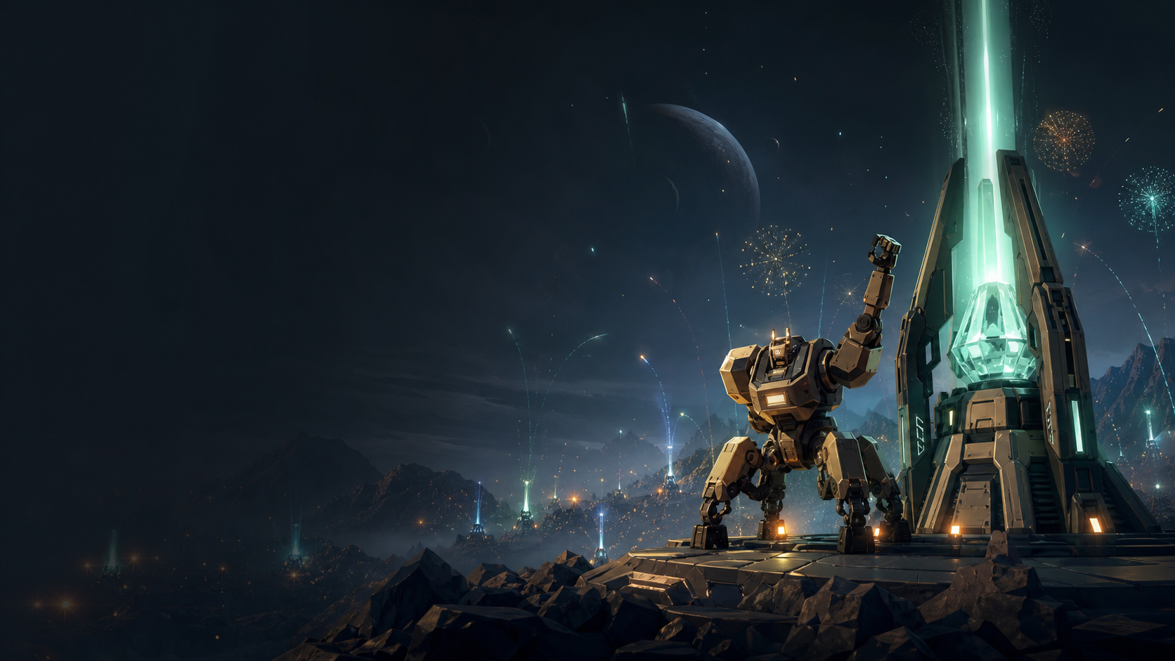 A mech celebrating beside a glowing beacon under a night sky