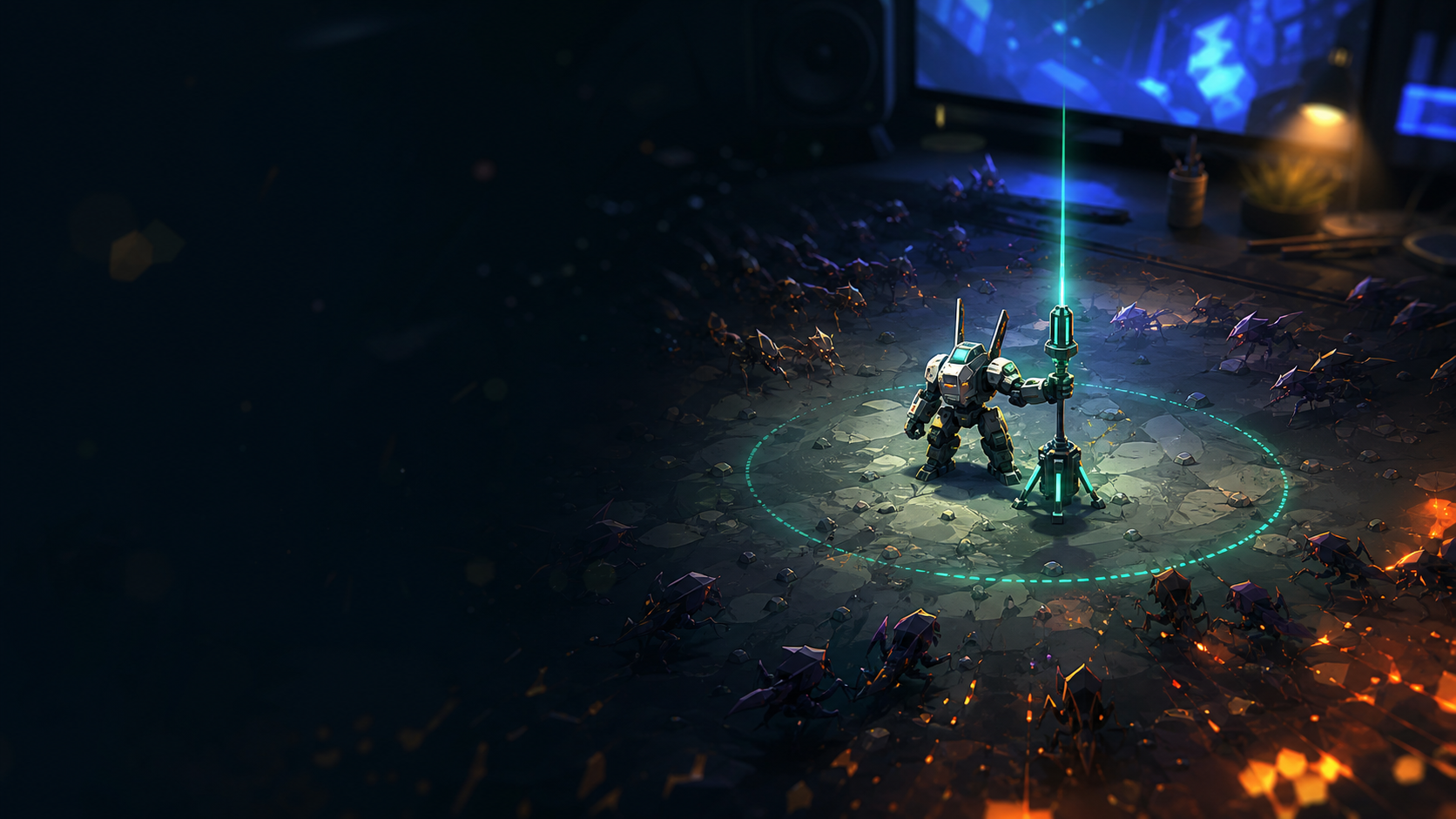 A mech defending a beacon while a creator setup glows in the background
