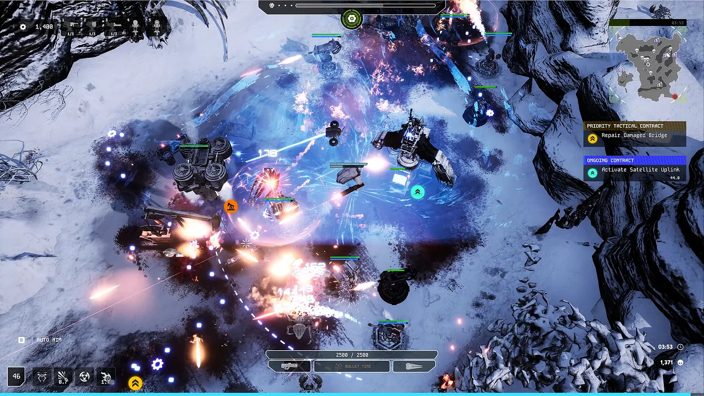 Two-player style mech defense against an enemy wave